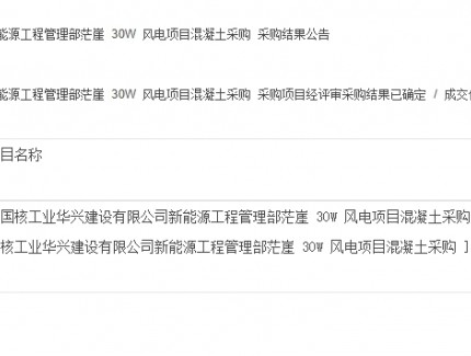 中國核工業(yè)華興建設(shè)有限公司新能源工程管理部茫崖30W風(fēng)電項目混凝土采購采購結(jié)...
